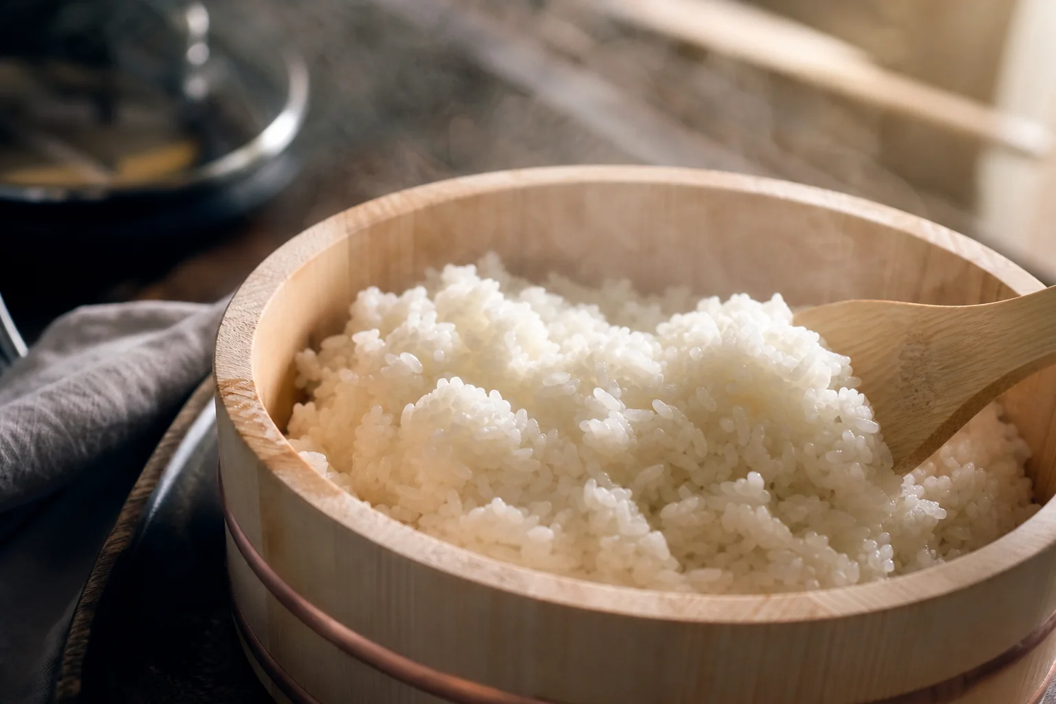 木の器に盛られた炊きたての白米