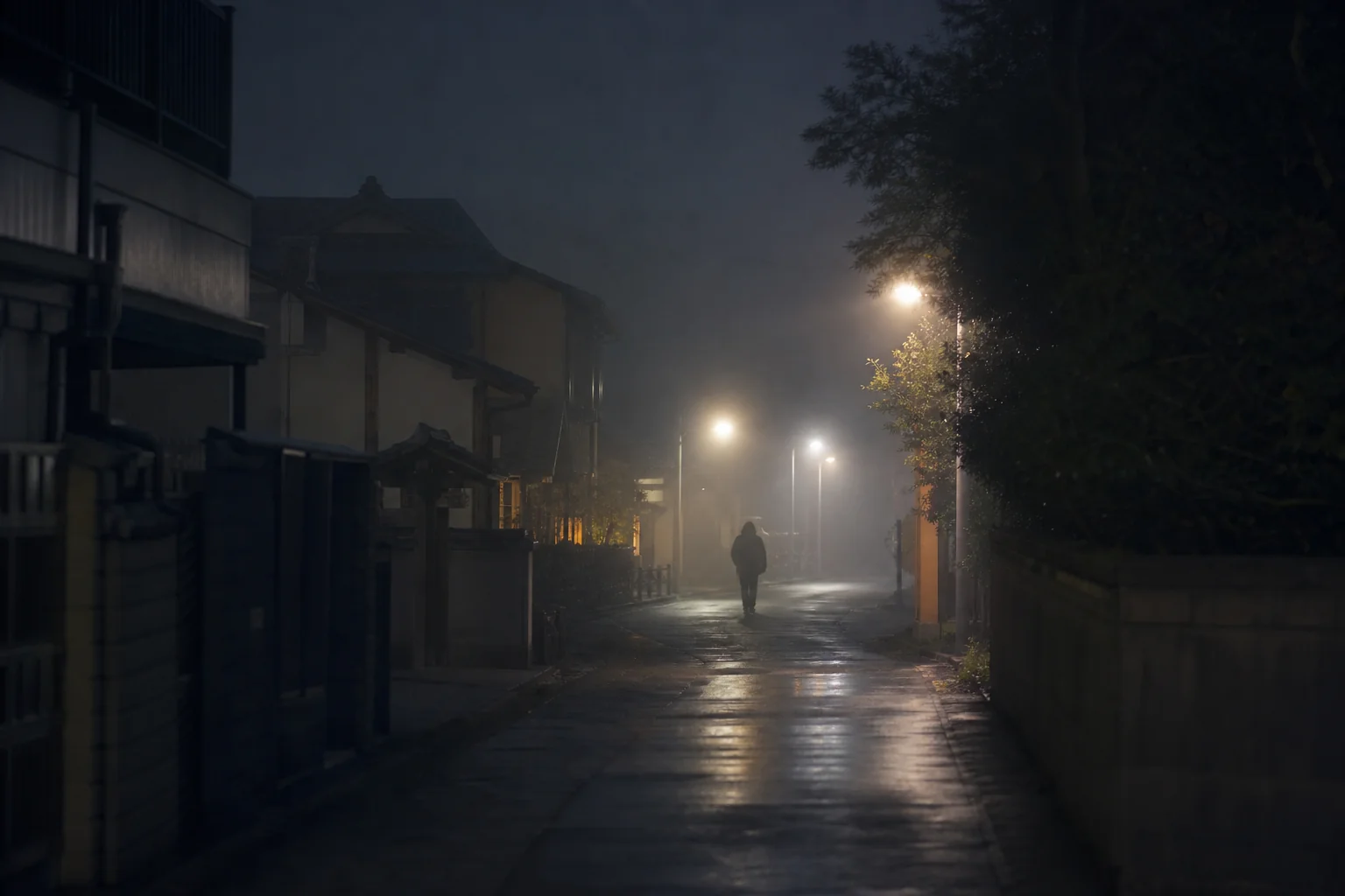 霧の夜道を歩く人物のシルエット