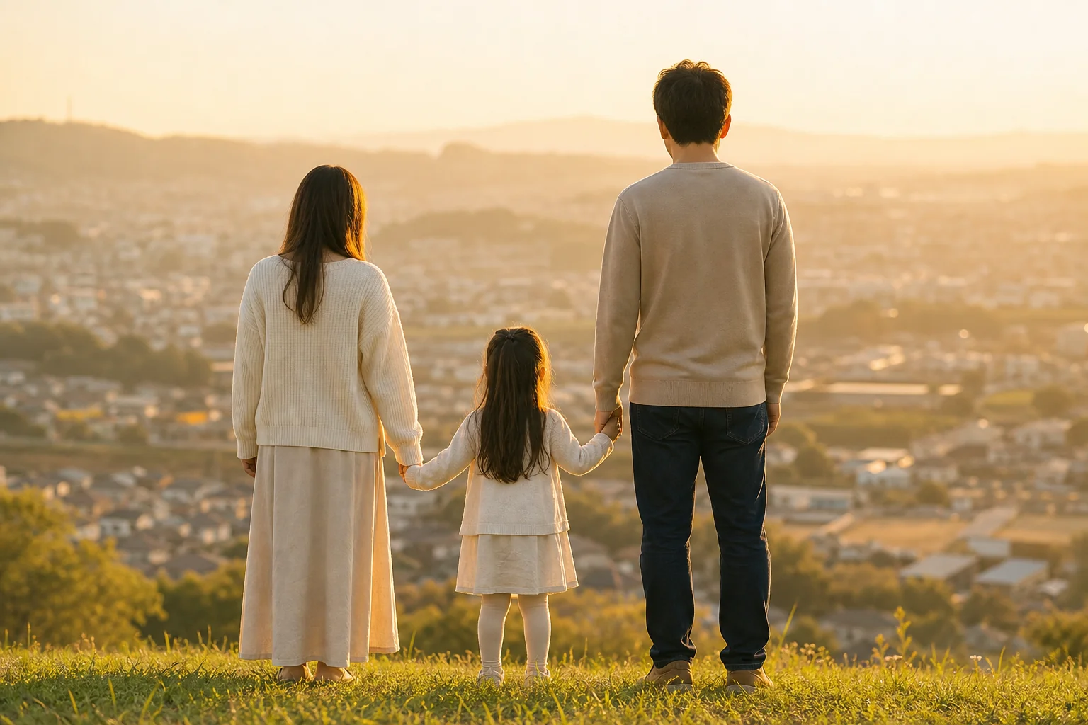 夕暮れの中、後ろ姿で並ぶ家族(父・母・娘)