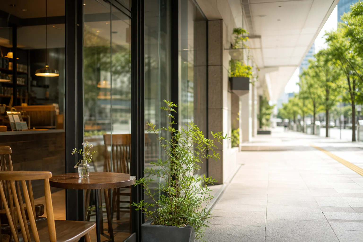 夏の都内ターミナル駅・通路脇の喫茶店