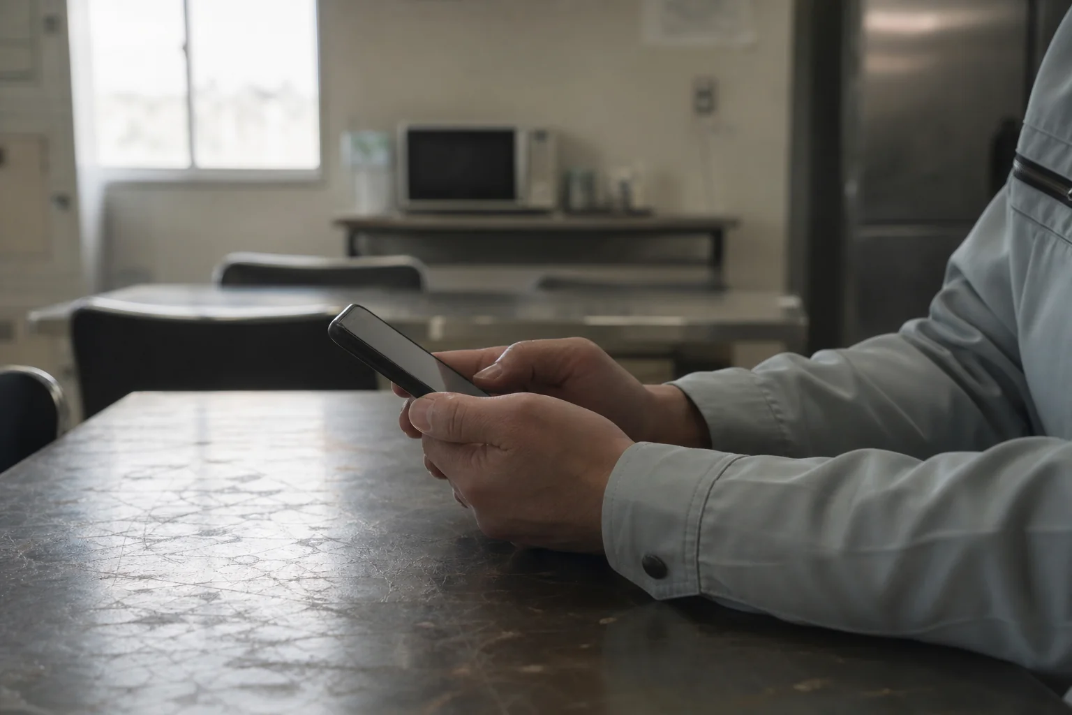 スマートフォンの画面を見つめる手元・工場の休憩室風