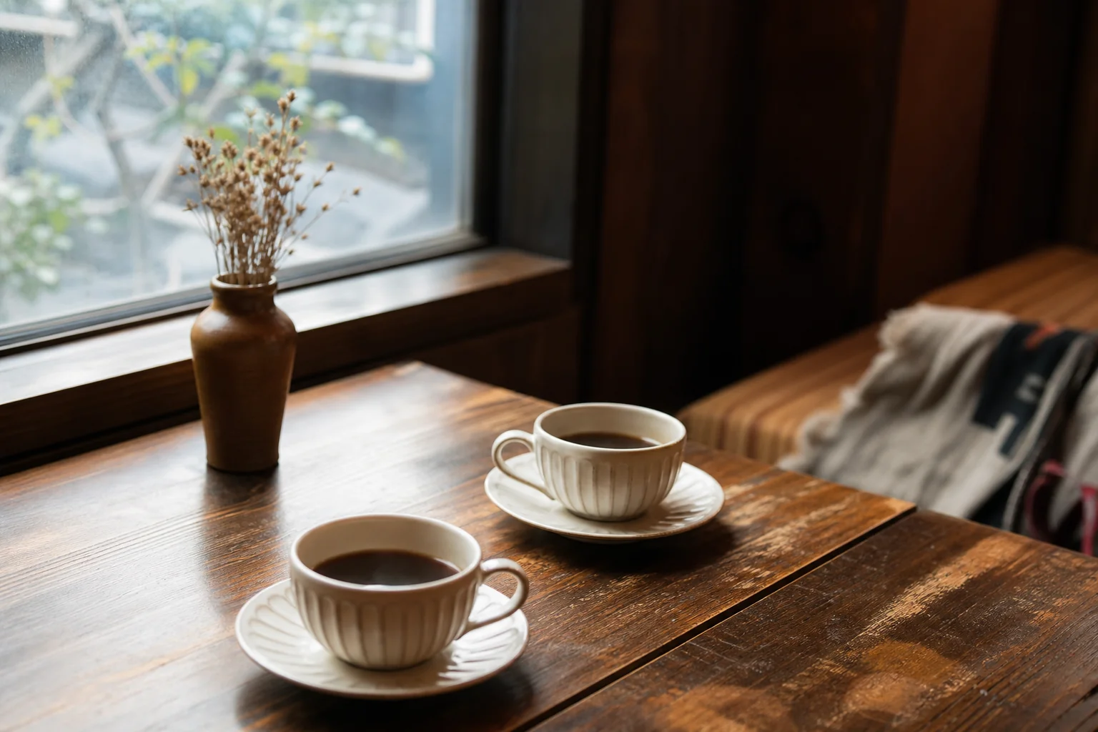 窓辺のカフェに並ぶ二つのコーヒーカップ