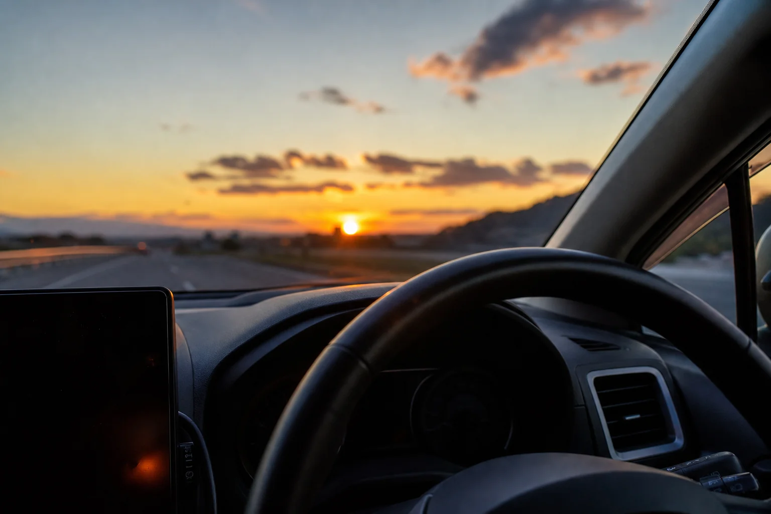 夕暮れの車内・ハンドル越しの夕焼け