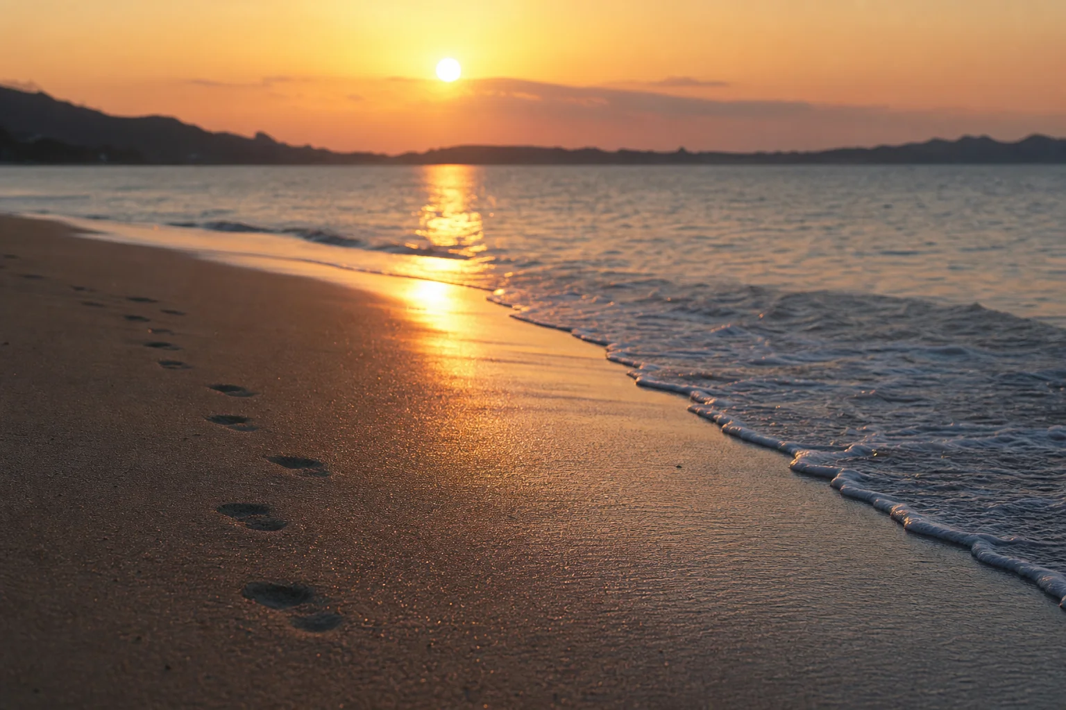 夕暮れの海辺と砂浜に続く足跡
