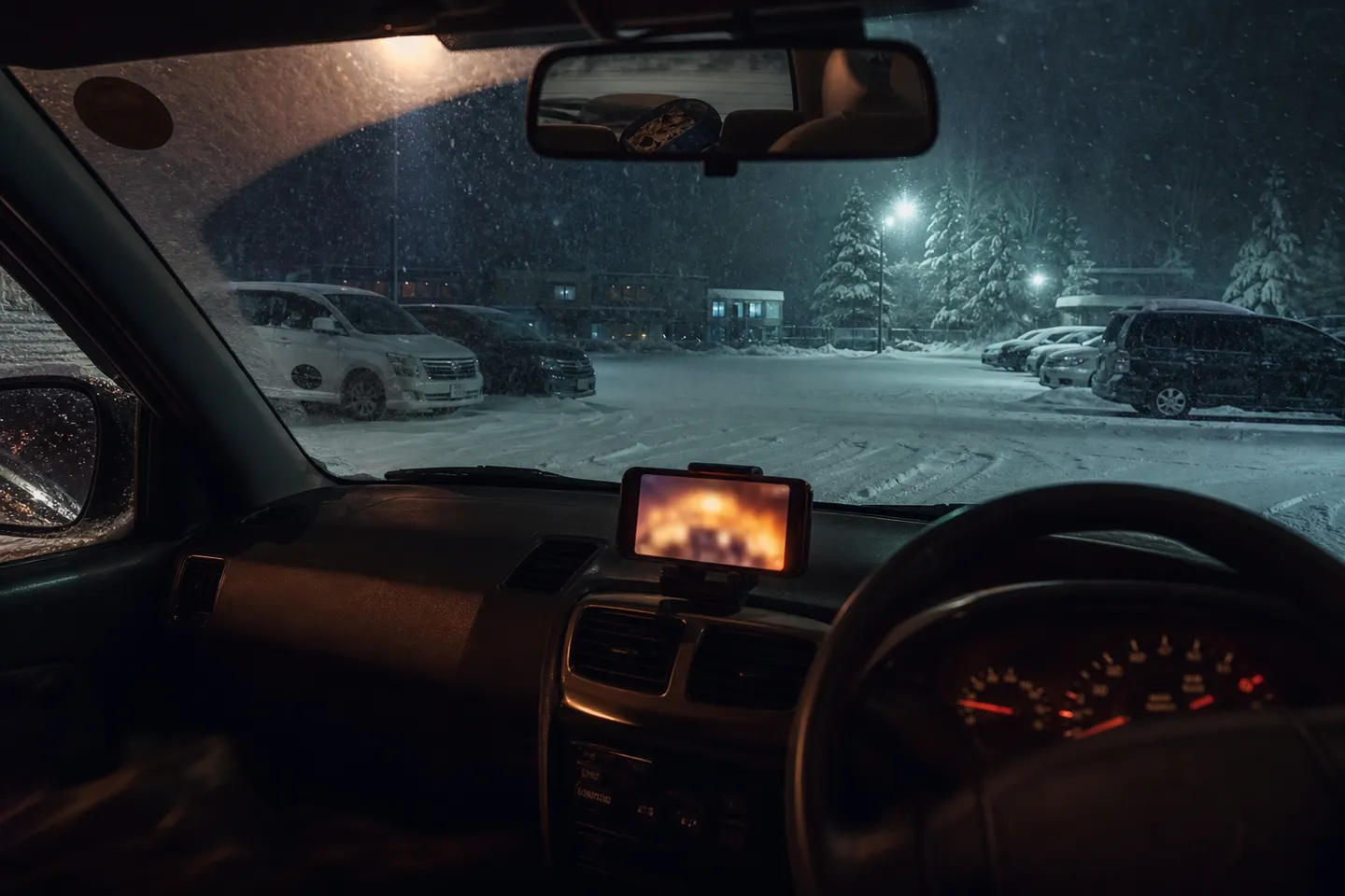 雪の夜の車内でスマホホルダーの画面から漏れる暖かい光