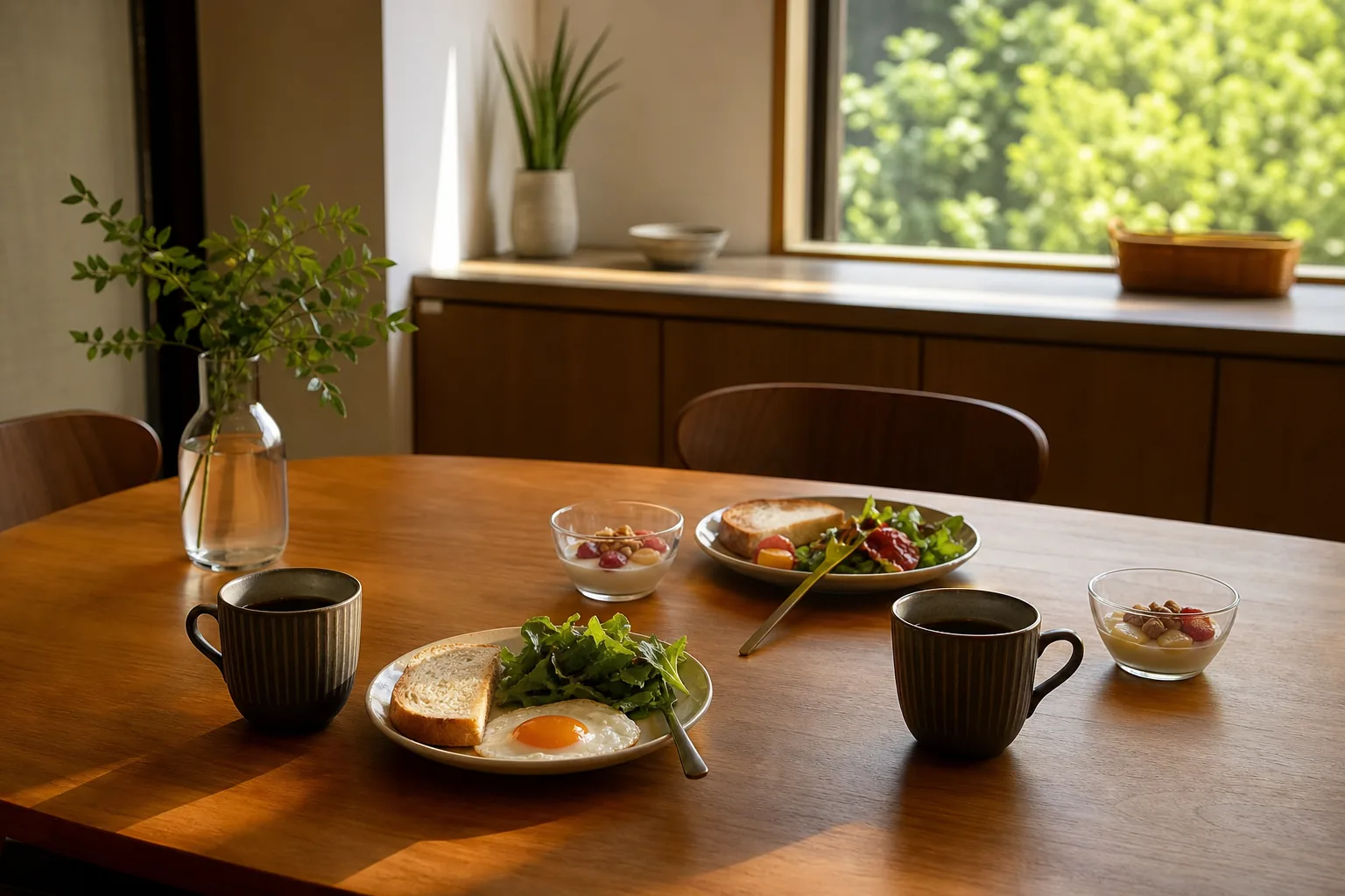 朝の食卓に置かれた二人分のコーヒーと朝食