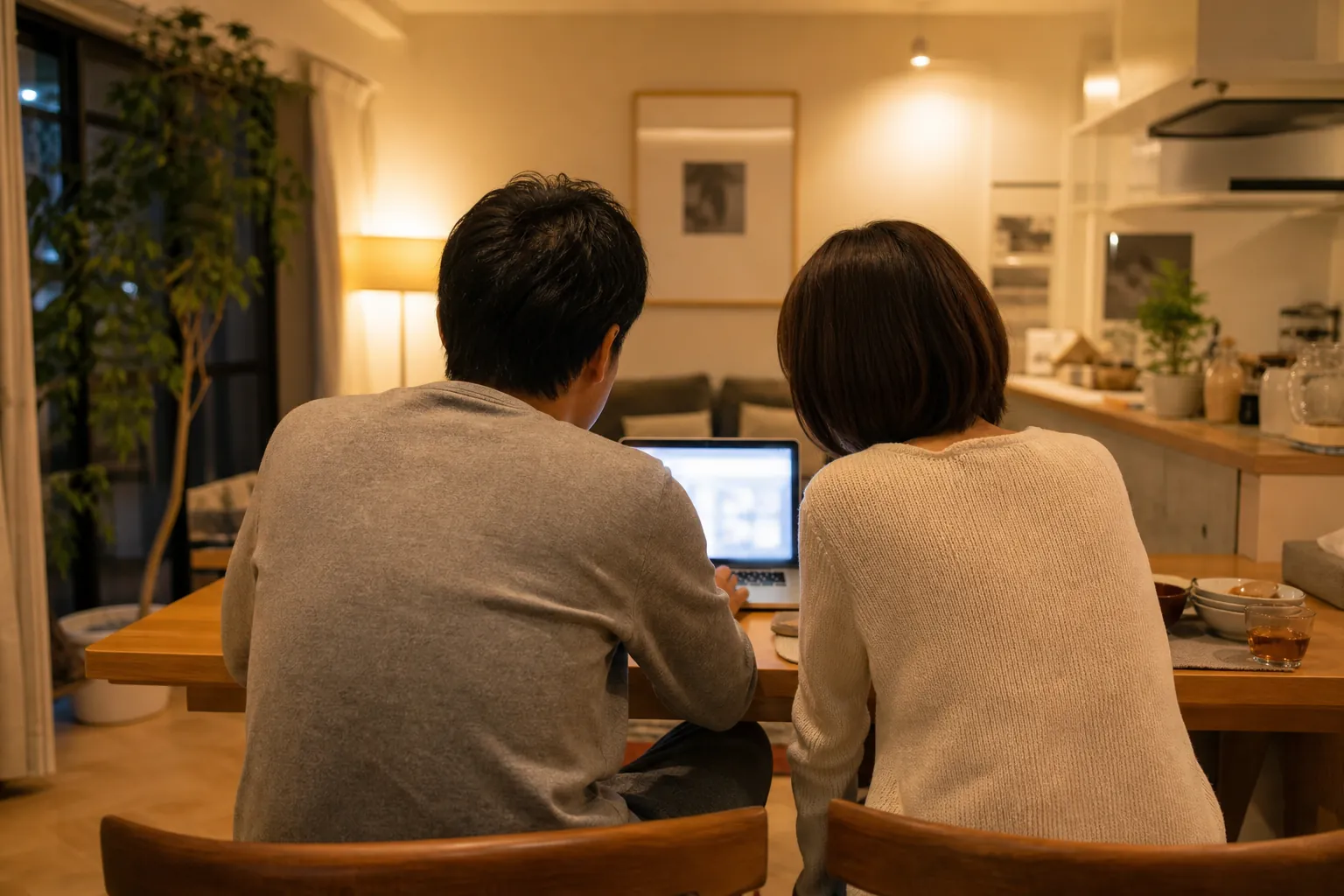夕食後にノートパソコンで家計を一緒に見る夫婦の後ろ姿