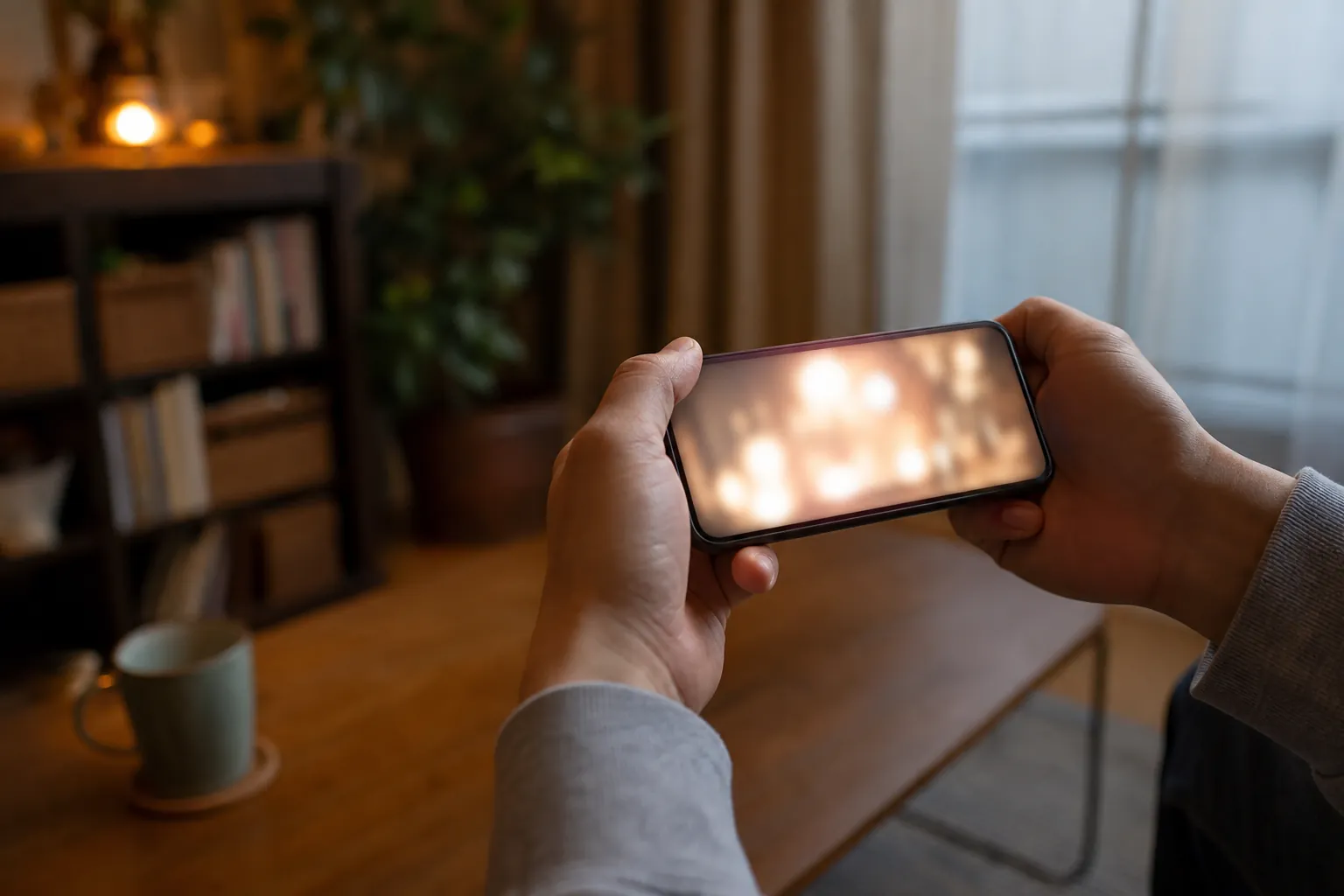夕方の部屋でスマホの動画を見る手元