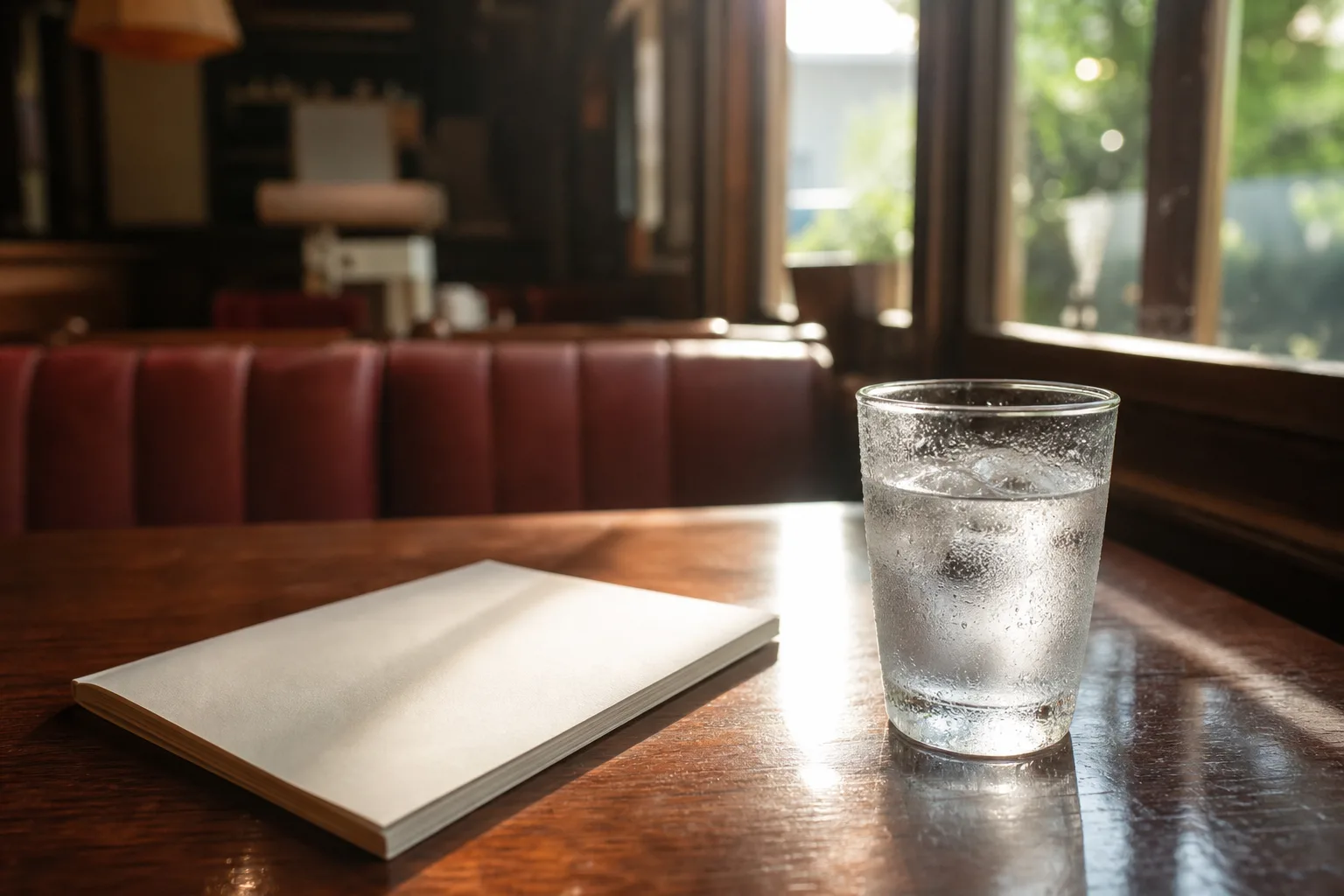 夏の喫茶店のテーブルに置かれた水滴のついたグラスとパンフレット