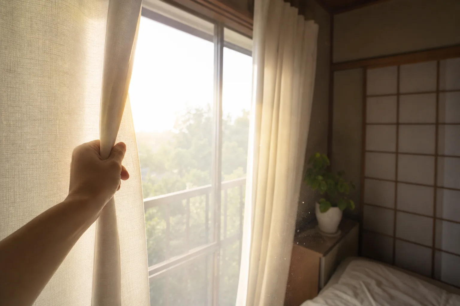 朝カーテンを開ける手元と部屋に差し込む光