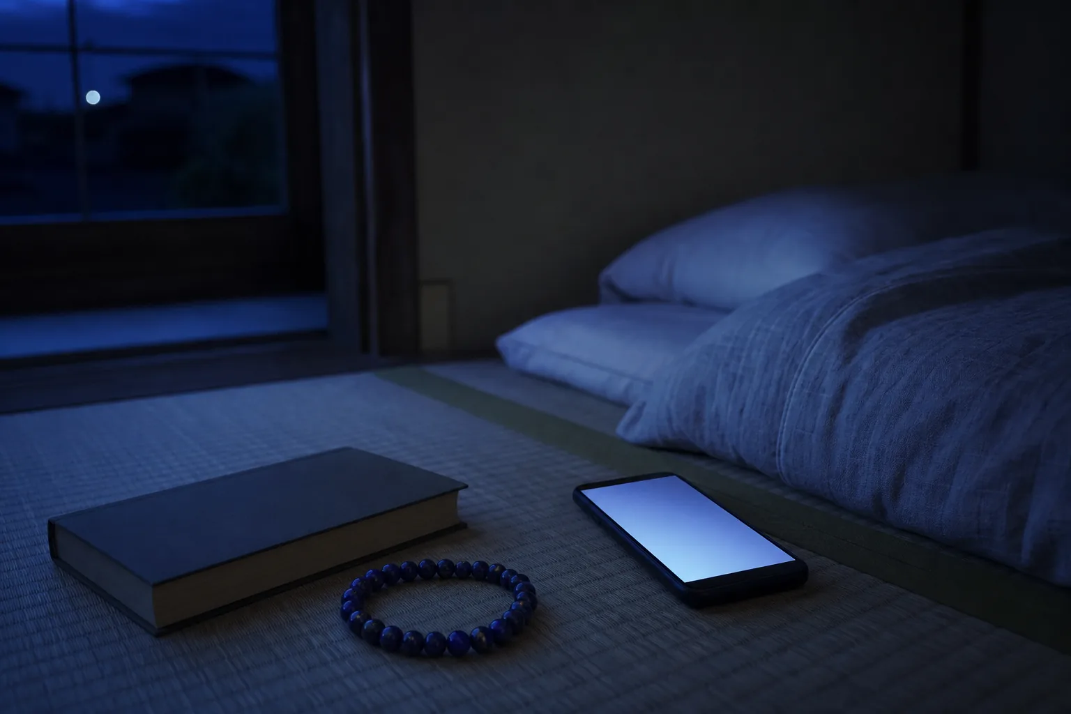 枕元に置かれたラピスラズリのブレスレットと本とスマホ