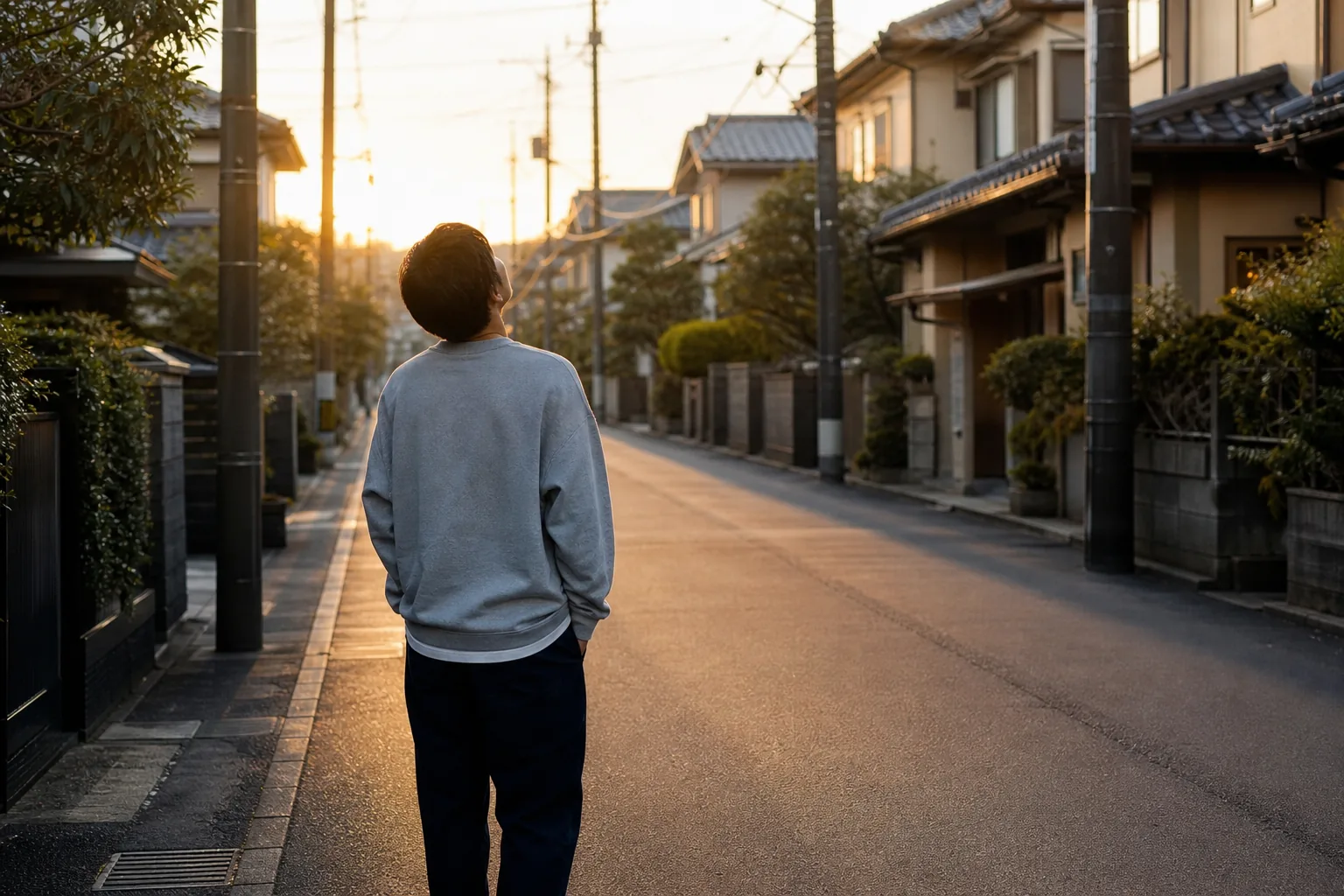 朝日の差す静かな住宅街で顔を上げる男性の後ろ姿