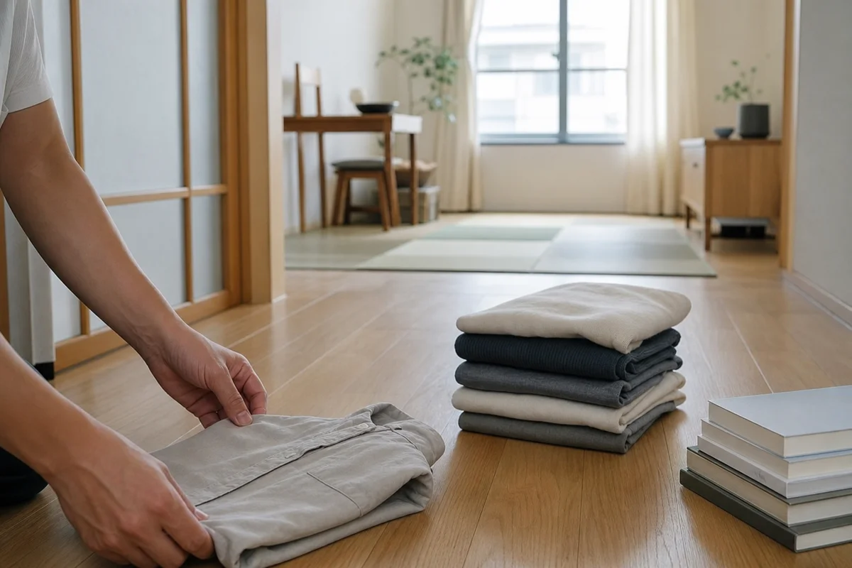 部屋で服を1枚ずつたたんで手放していく男性の手元・柔らかい光