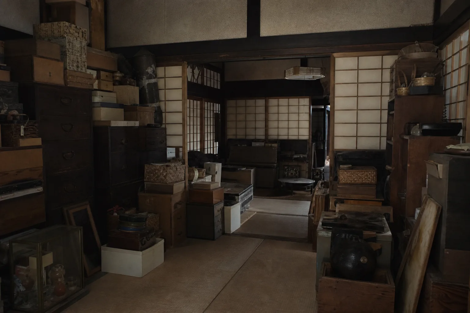 物がぎっしり置かれた昔の日本家屋の室内・薄暗い懐かしい光