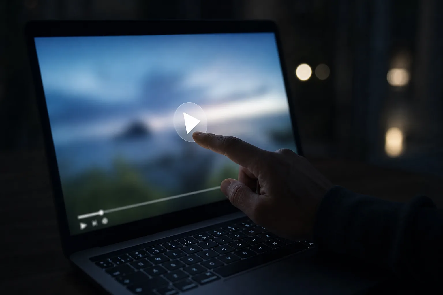 夜、ノートパソコンのぼかされた動画を再生しようとする手元