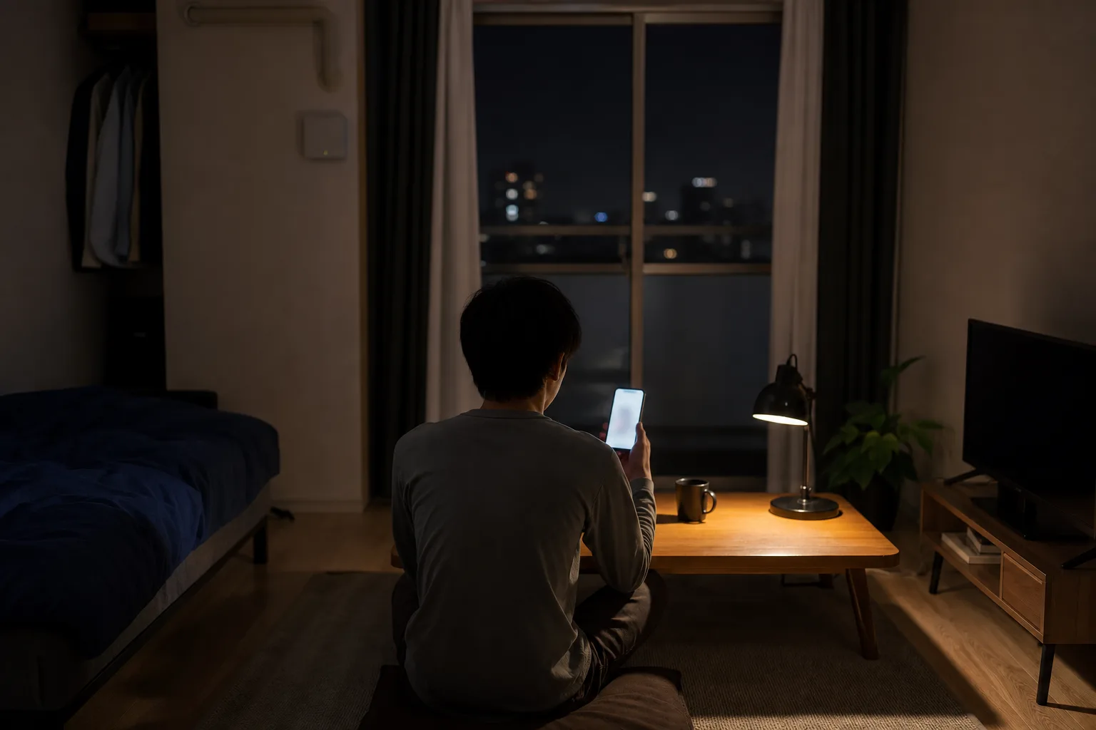 夜の部屋でスマートフォンを手にしたまま固まったように座る男性の後ろ姿