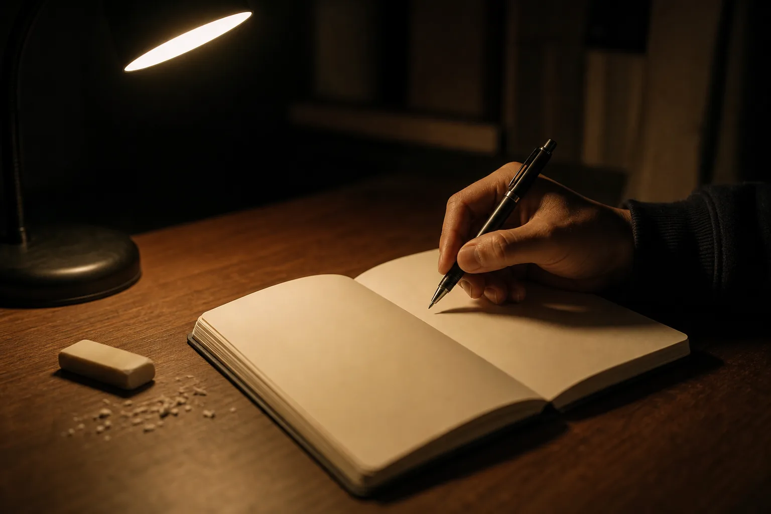 夜、デスクライトの下でノートにメモを書き込む手元