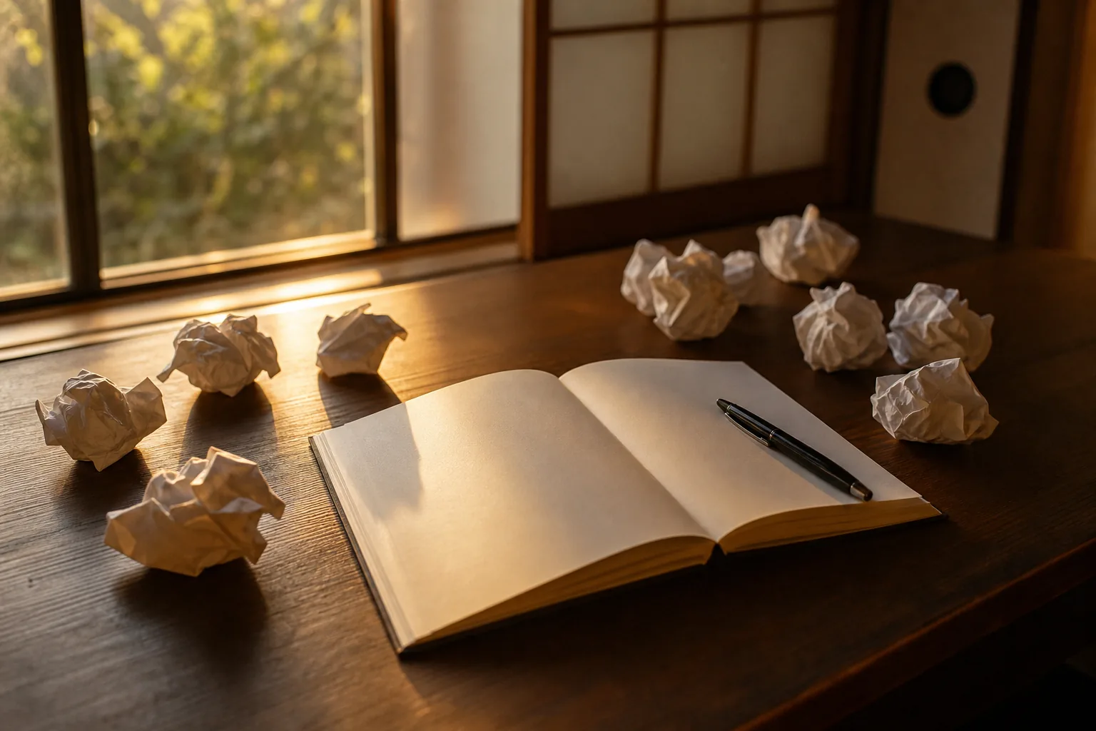 夕方の机の上、書き損じて丸めた紙とやり直しのノート