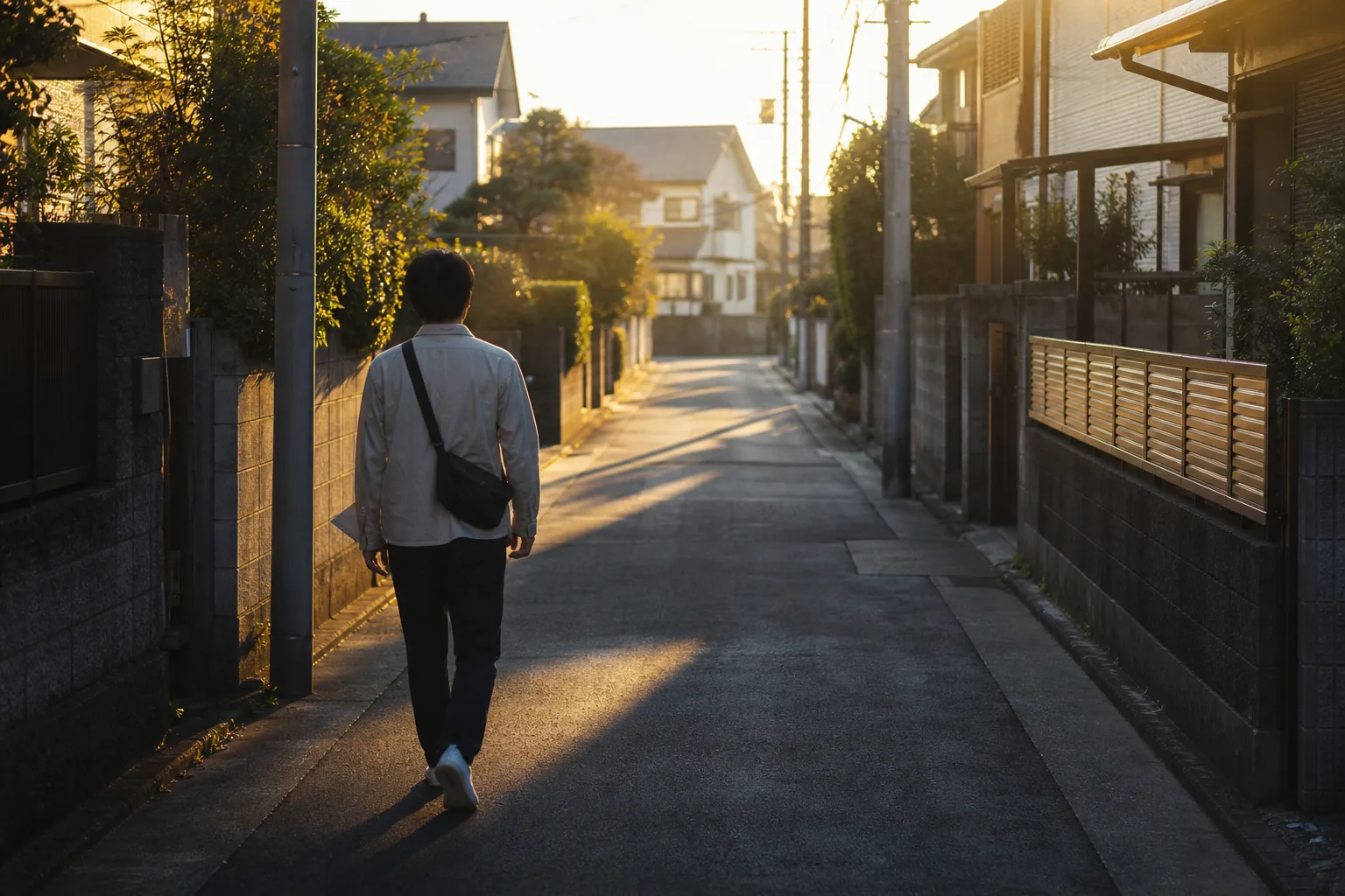 早朝の静かな通りを、少し早めに職場へ歩いていく男性の後ろ姿