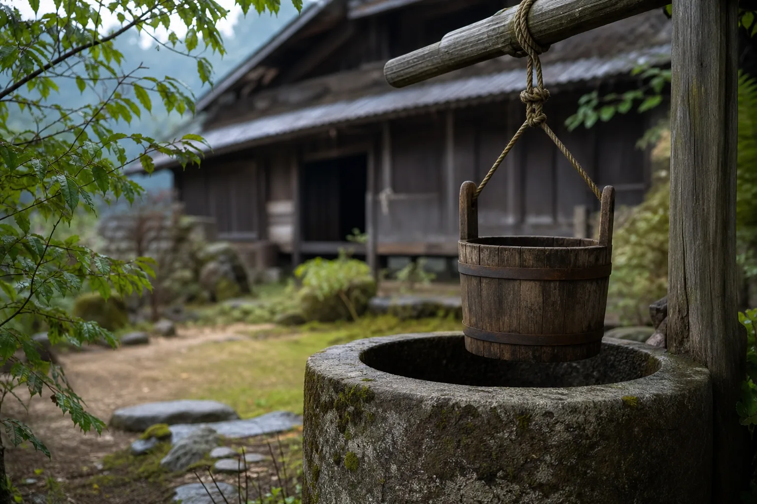 日本の田舎の古い井戸と木の桶