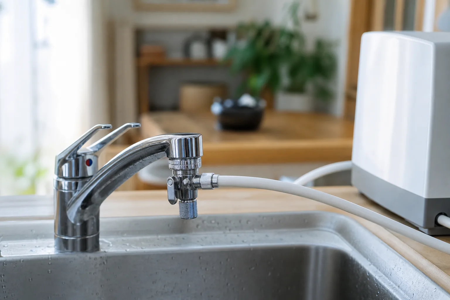 キッチンの水栓に取り付けた分岐金具と、食洗機につながる白いホース