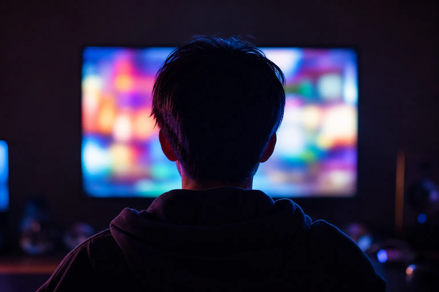 暗い部屋で、派手な色の画面の光を見つめる後ろ姿