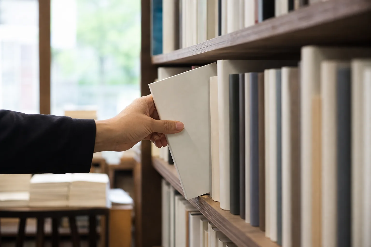 書店の棚から一冊の本を手に取る手元