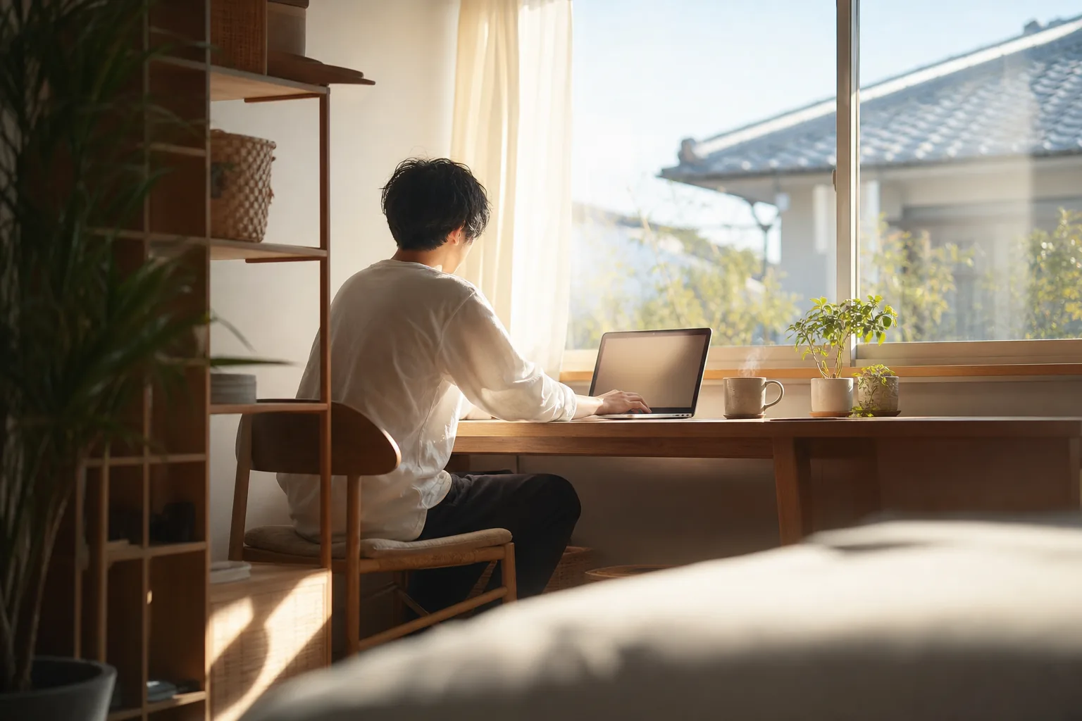 朝の光の中、窓辺の机でパソコンに向かう後ろ姿