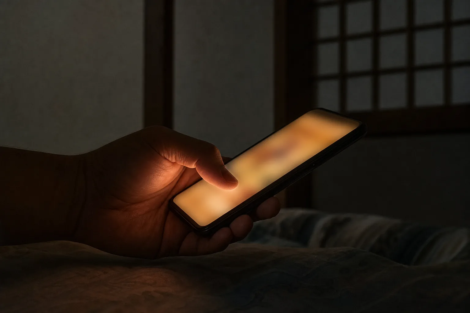 暗い部屋でスマートフォンを手にためらう手元