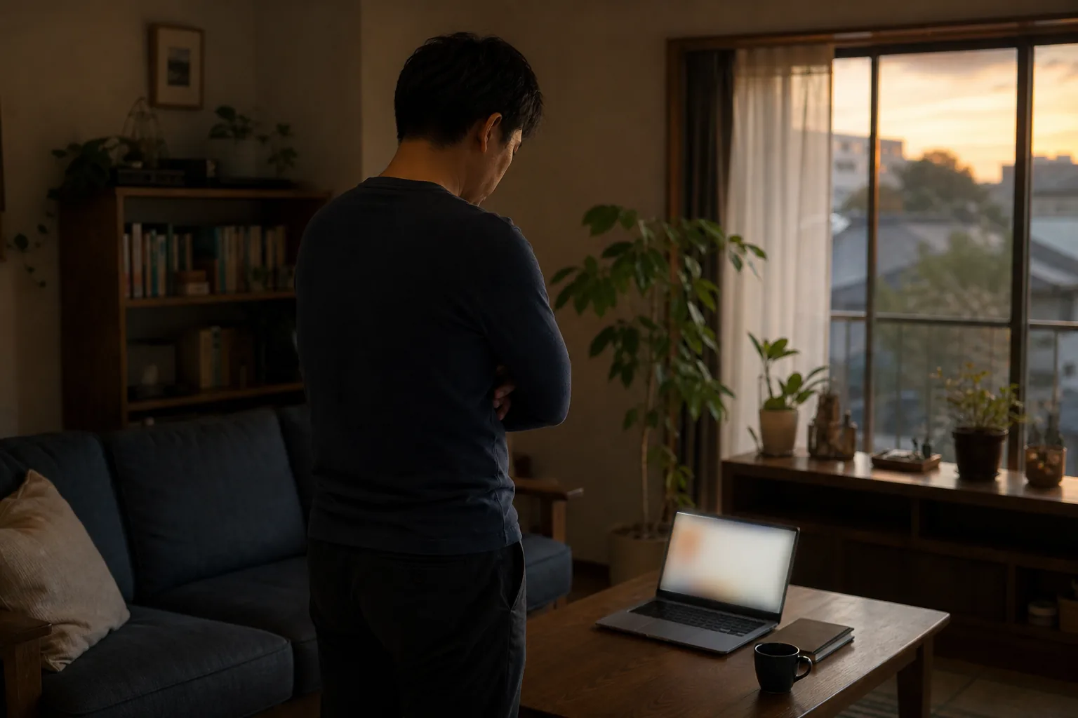 夕方の部屋でノートパソコンの画面を腕組みして眺める男性の後ろ姿