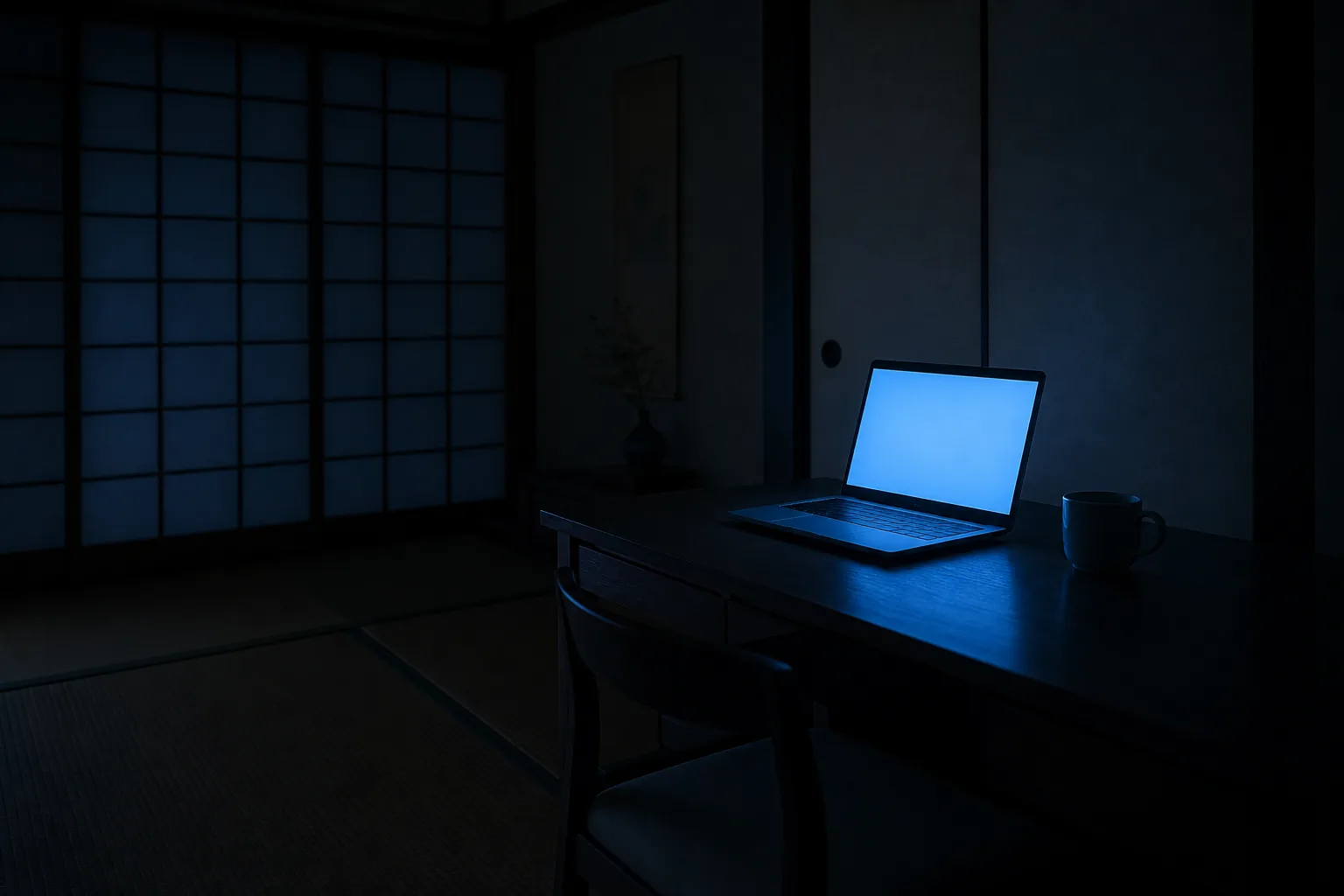 深夜にパソコンの青白い光だけが照らす机