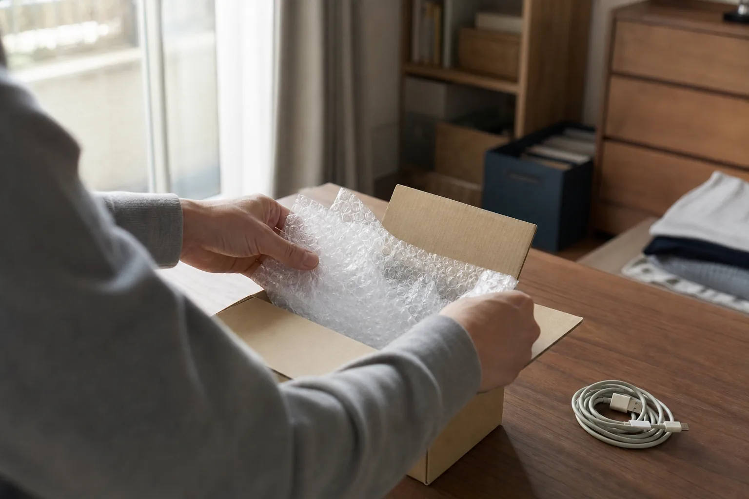 役目を終えた小物を緩衝材と一緒に小箱へ片付ける手元