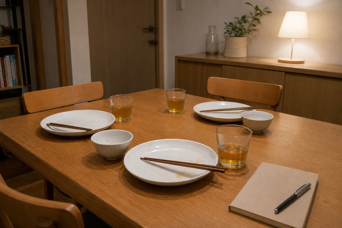夕食後のダイニングテーブル・3人分の空いた無地の食器と麦茶・閉じたノート