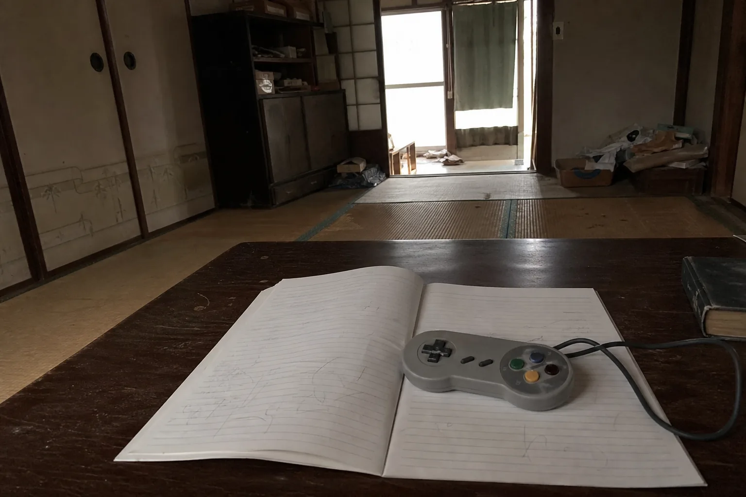 おばあちゃんの空き家のちゃぶ台、開いた問題集の上に置かれたスーファミのコントローラー