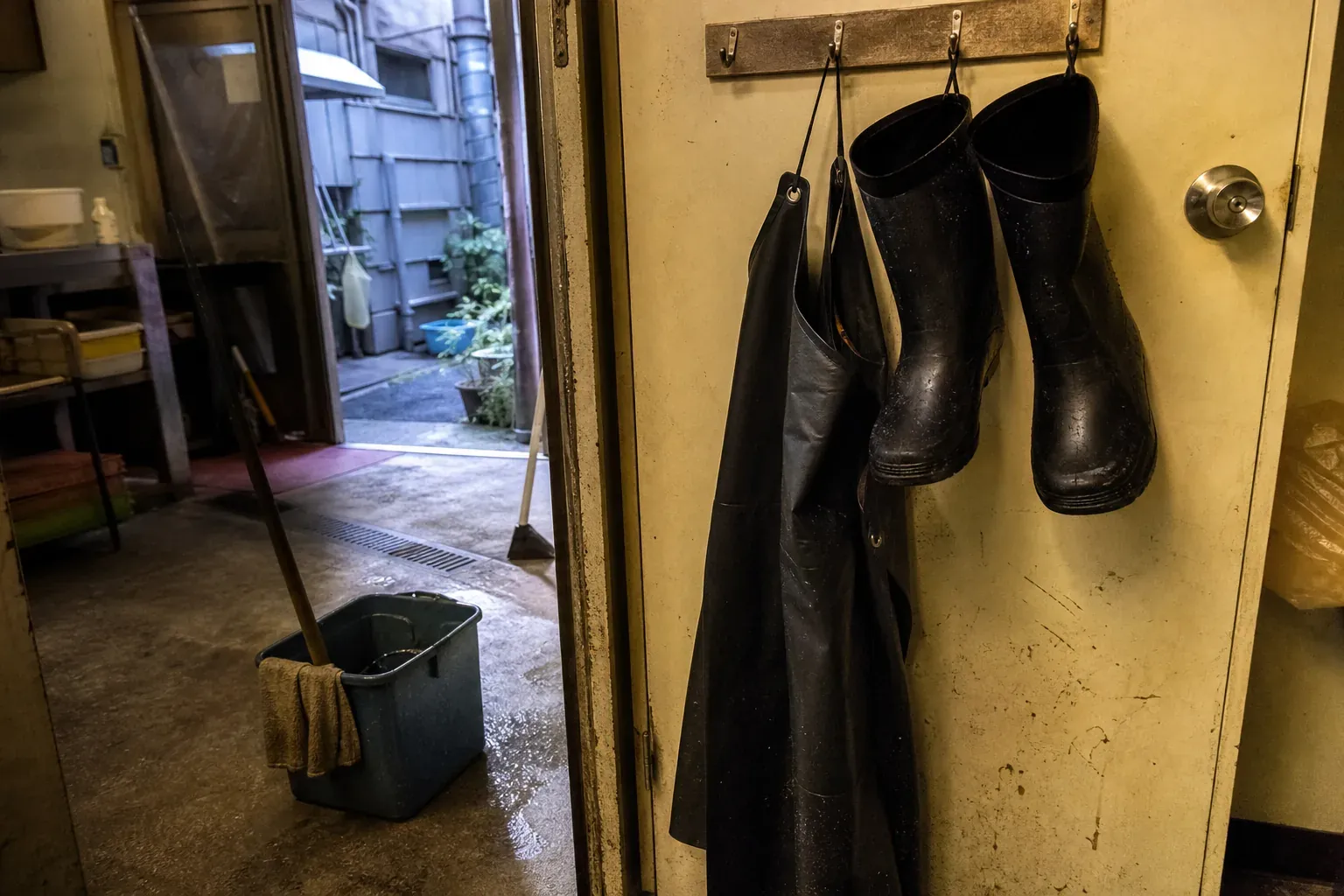 店の裏口に掛けた黒い長靴と防水エプロン