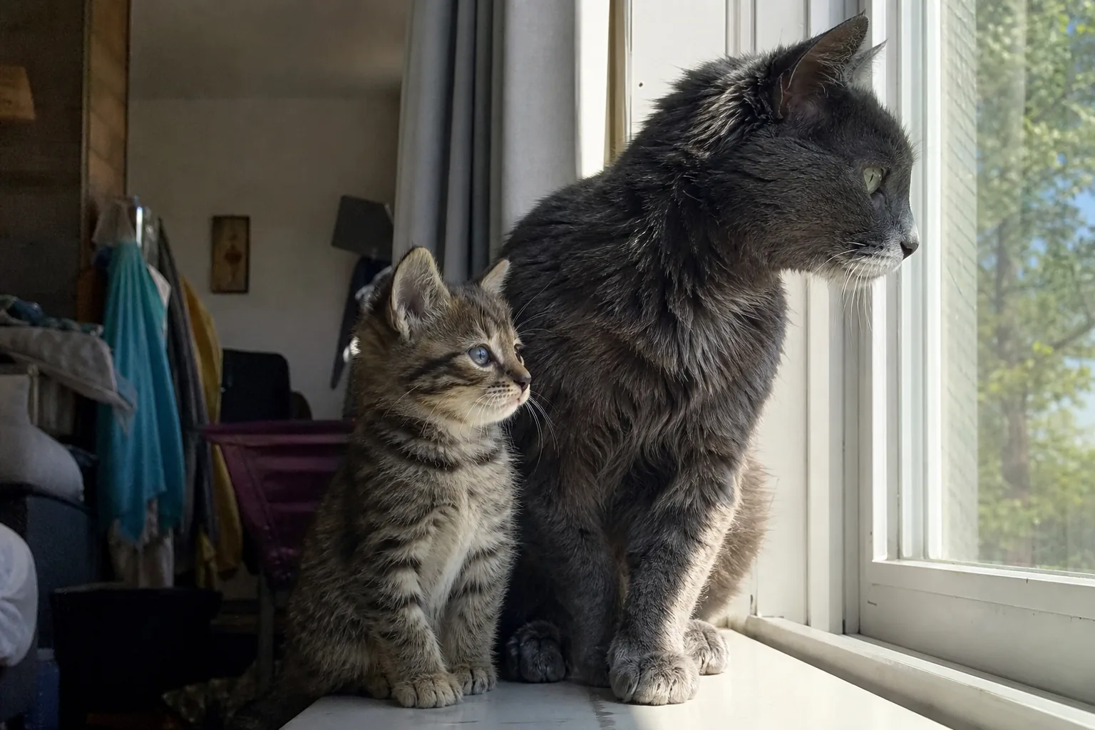 朝の窓辺に並んで座る子猫と老猫