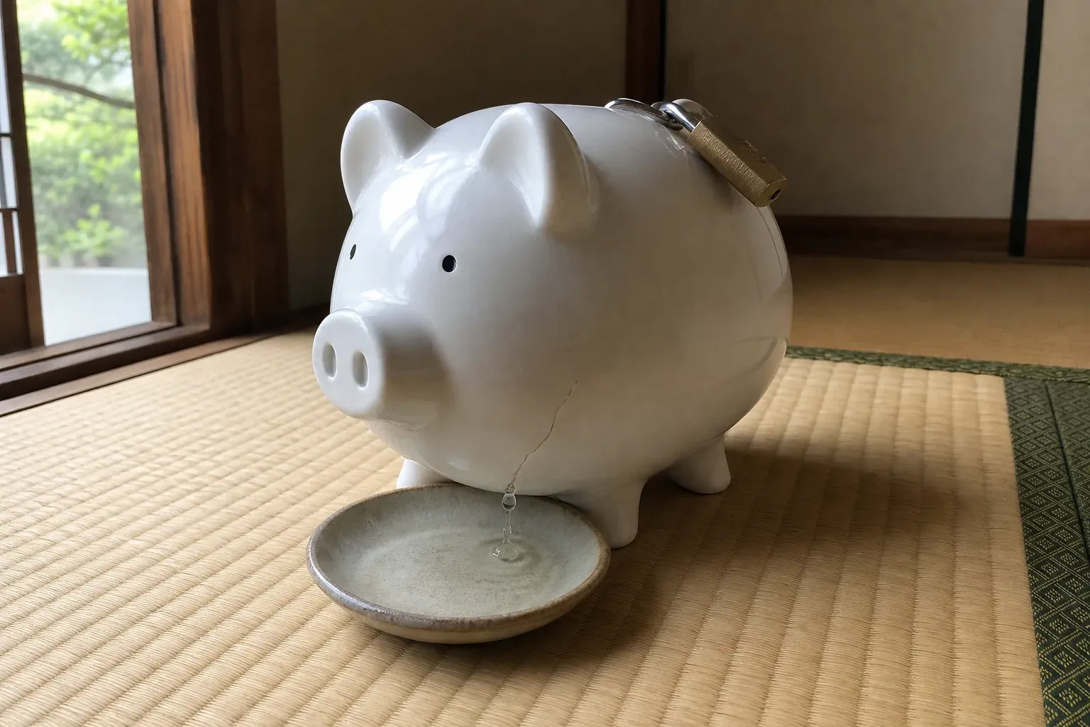 白い豚の貯金箱の底から水が一滴ずつ漏れて、小皿に溜まっている——止めたら手数料だけが残る