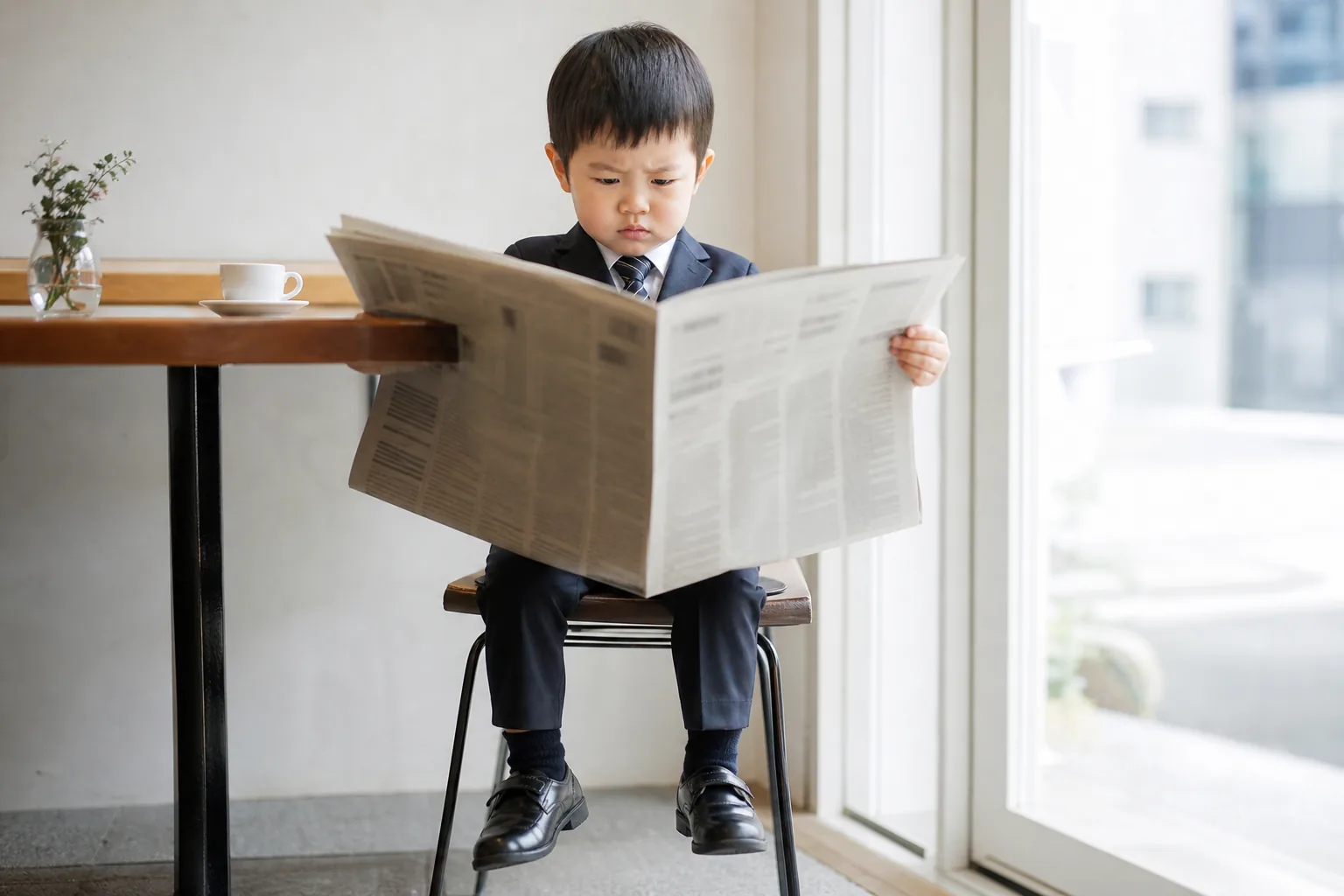 スーツ姿の4歳くらいの男の子が、カフェで新聞を広げて真剣な顔で読んでいる——知識ゼロで、雑誌をそのまま真似した