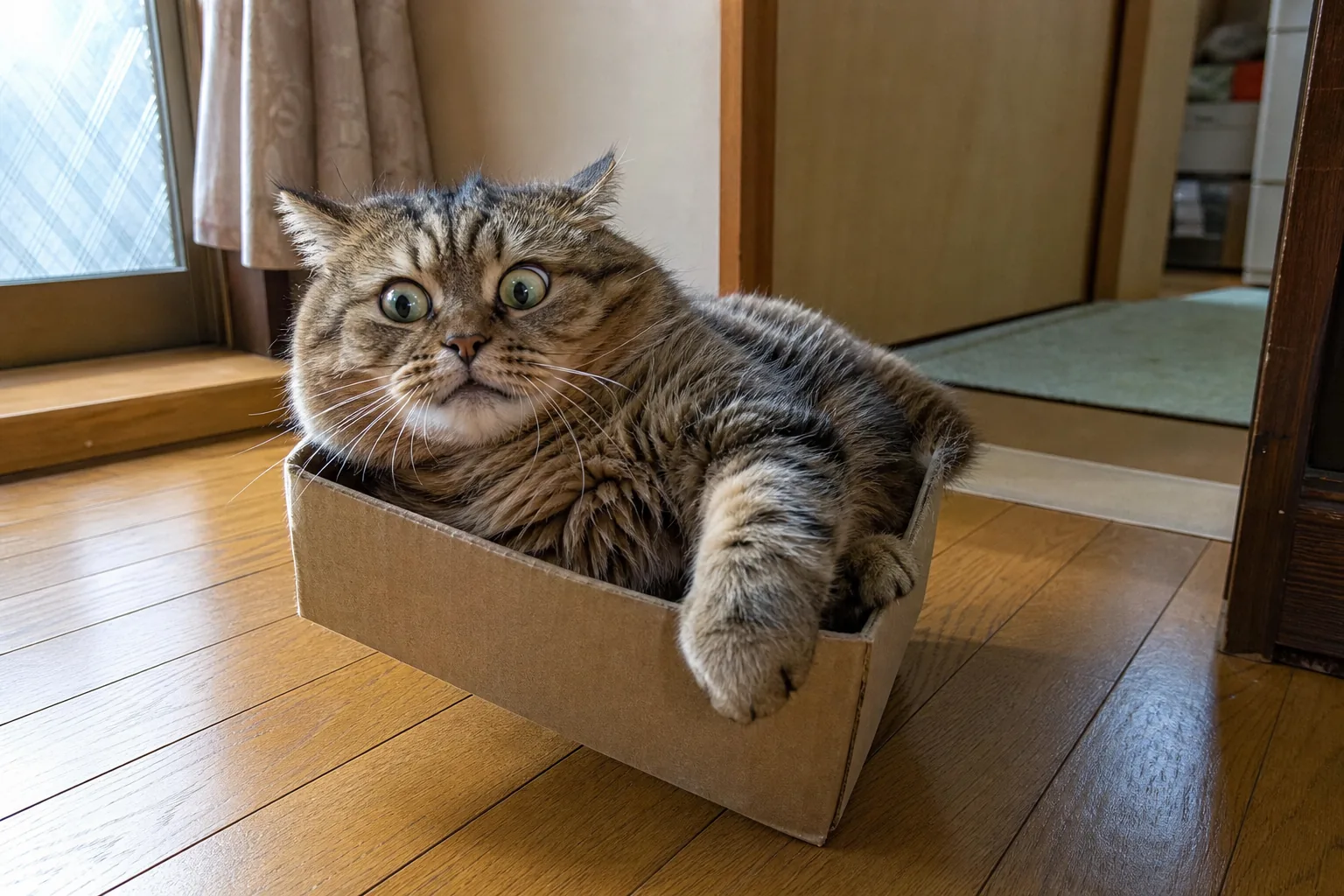 小さすぎる段ボール箱にはまって目を見開く猫——入ったはいいが、出られない