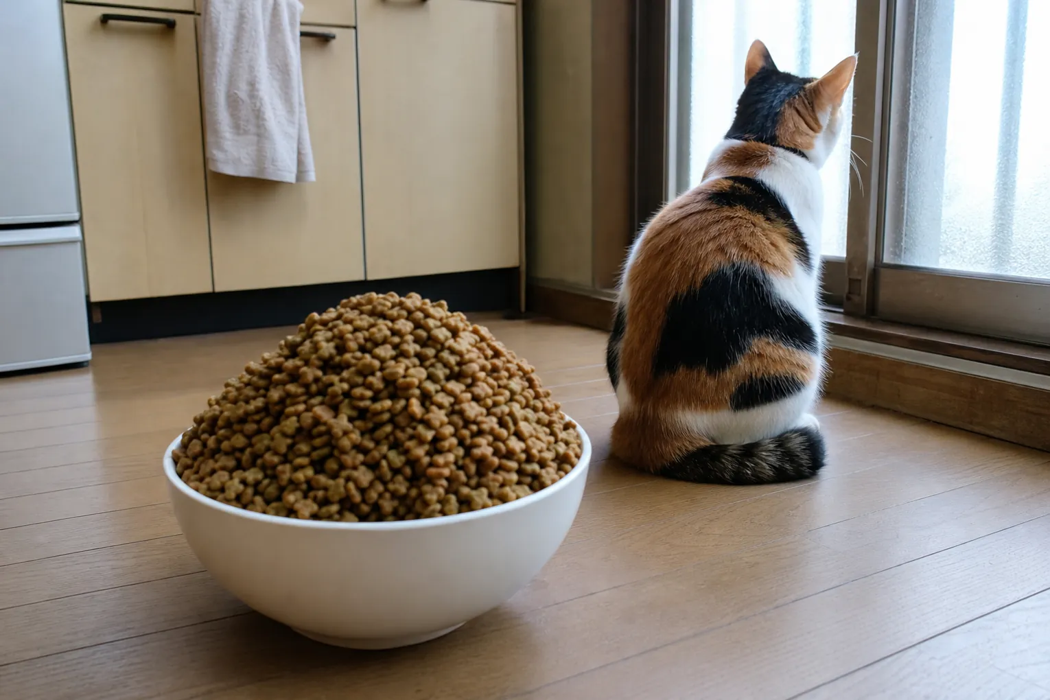 山盛りの餌に背を向けて窓を見る三毛猫——枠が増えても1円も増やさない