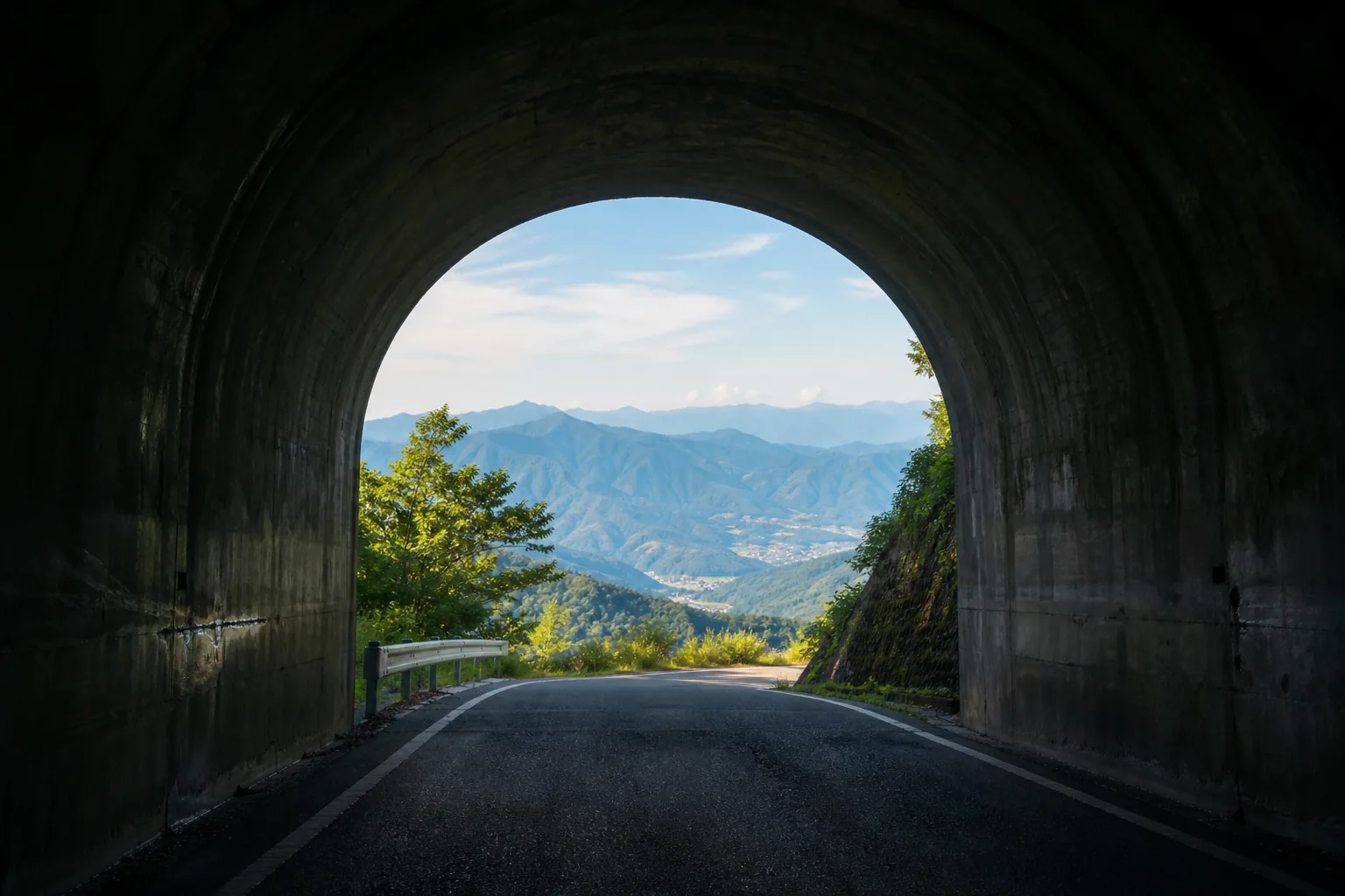 暗いトンネルの先に広がる朝の山並み——入る前に、出口を見てほしい