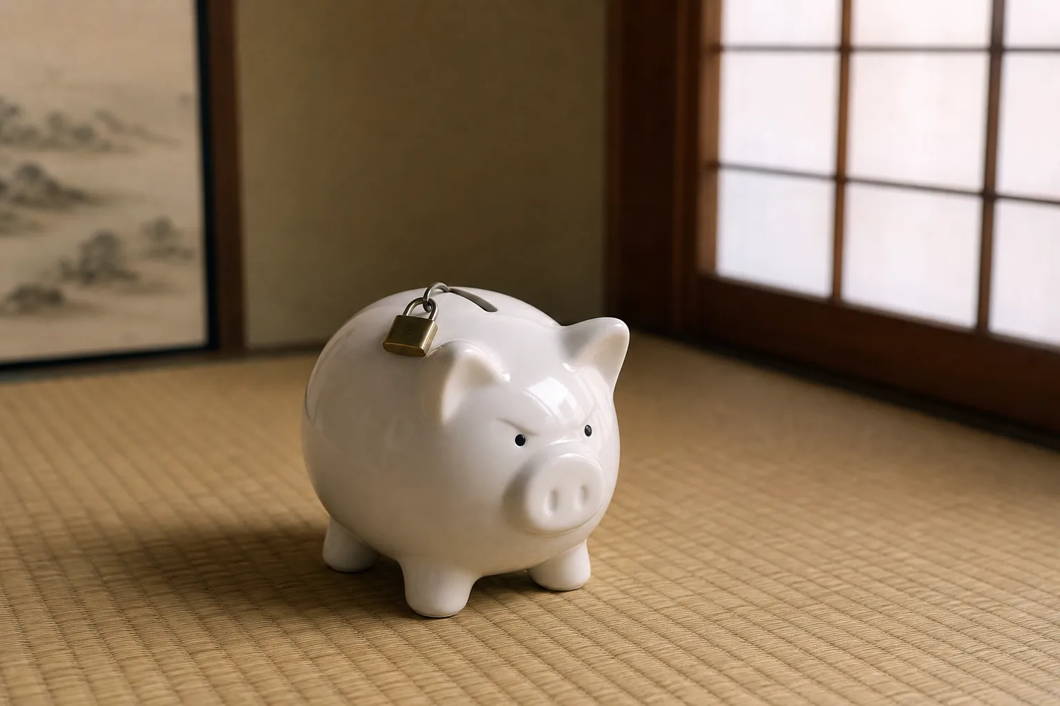 畳の上の、南京錠がかかった白い豚の貯金箱——60歳まで開かない貯金箱