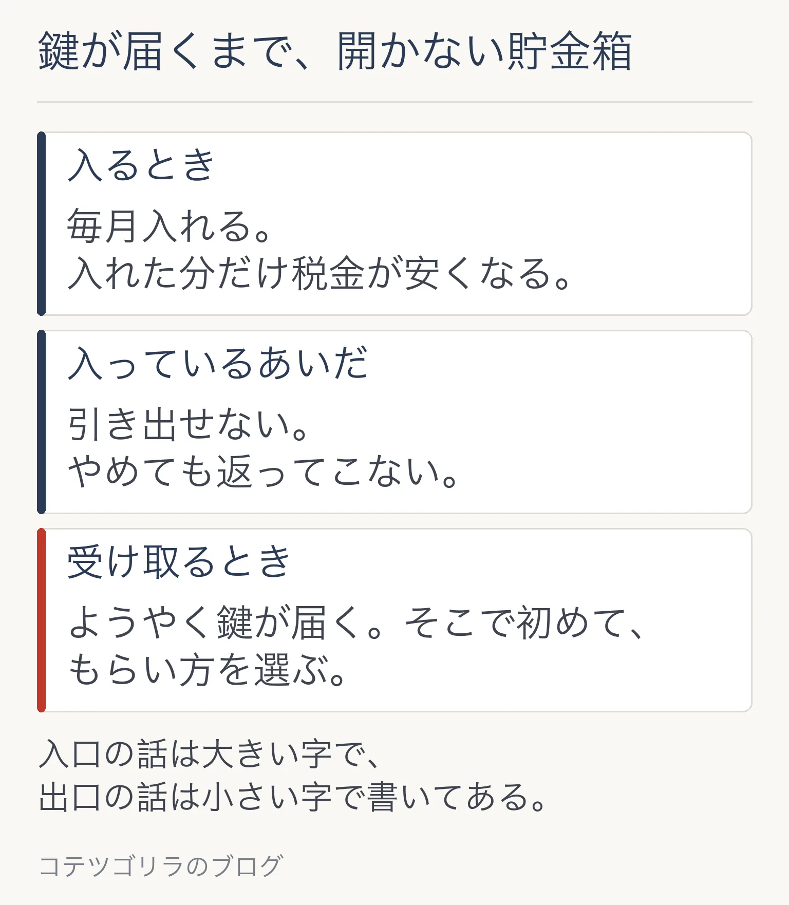 鍵が届くまで開かない貯金箱(図解)=入るとき/入っているあいだ/受け取るときの3段階